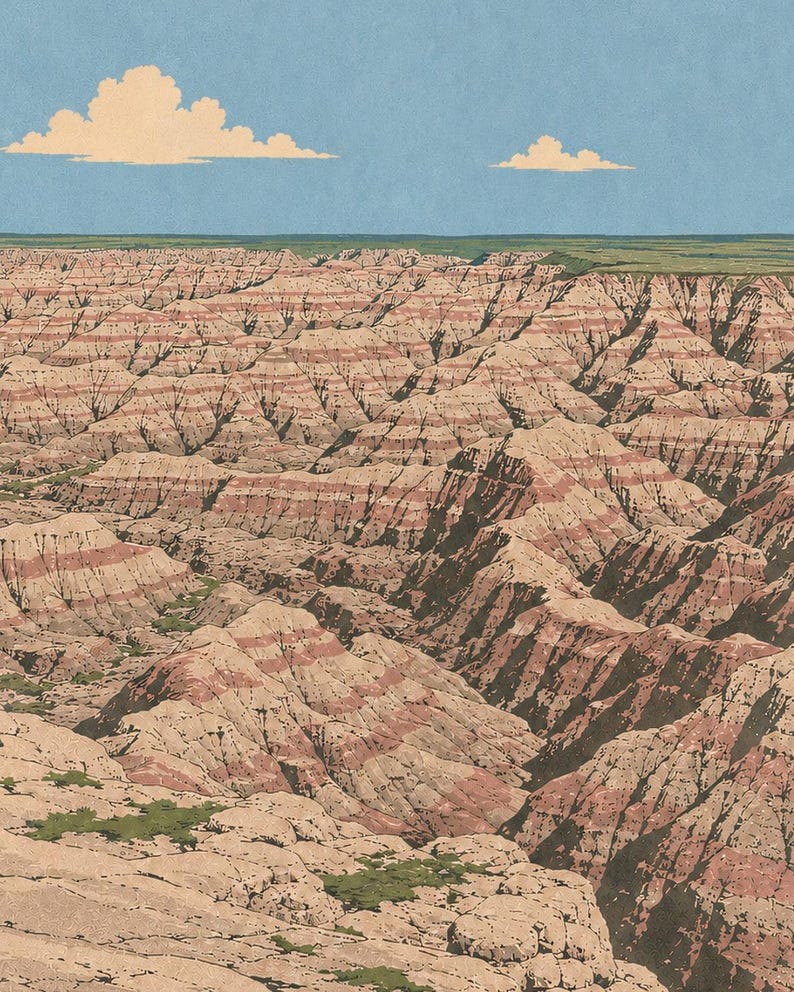 K&ouml;nnte beinhalten: Eine Landschaftsillustration eines Canyons mit geschichteten Felsformationen in Beige-, Hellbraun- und R&ouml;tlichbraunt&ouml;nen. Das Gel&auml;nde weist tiefe Schluchten und Grate mit kleinen gr&uuml;nen Vegetationsflecken unter einem hellblauen Himmel auf.