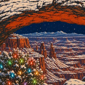 May include: A digital illustration of a snow-covered desert canyon landscape at night under a starry sky. A large natural rock arch frames the view, while a small tree in the foreground is decorated with glowing multicolored Christmas lights.