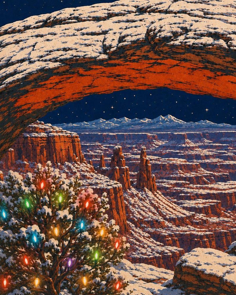 May include: A digital illustration of a snow-covered desert canyon landscape at night under a starry sky. A large natural rock arch frames the view, while a small tree in the foreground is decorated with glowing multicolored Christmas lights.