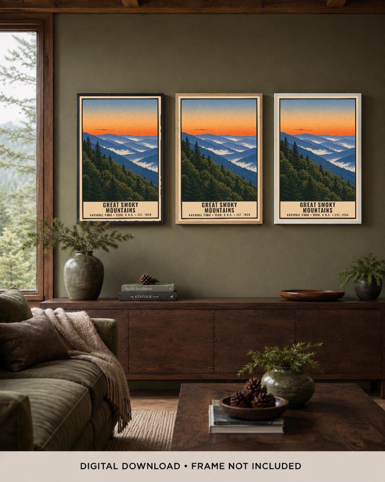 Great Smoky Mountains nationalpark-affisch, vintage resetryck med Blue Ridge-motiv, retro väggkonst i skog och berg, utskrivbar dekoration i WPA-stil bild 6