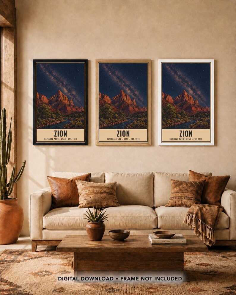 May include: Three identical vertical wall art prints featuring a night landscape of Zion National Park with a starry sky, red rock mountains, and a river. Each print includes the text ZION NATIONAL PARK UTAH EST. 1919 at the bottom.