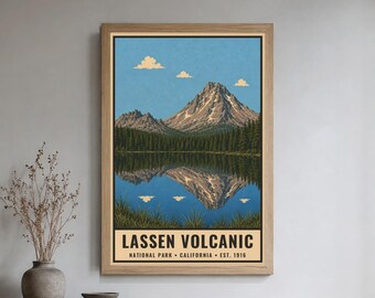 Lassen Volcanic National Park Poster, Vintage California Mountain Travel Print, Retro Peak Landscape Wall Art, WPA Style Printable Decor