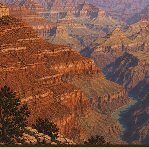 K&ouml;nnte beinhalten: Ein Reiseplakat im Vintage-Stil mit einer detaillierten Illustration des Grand Canyon, geschichteten roten Felsformationen, tiefen Schatten und einem gewundenen Fluss. Der Text GRAND CANYO ist unten in fetten schwarzen Buchstaben gedruckt.