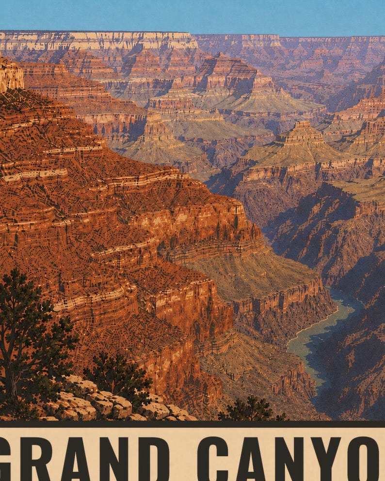 K&ouml;nnte beinhalten: Ein Reiseplakat im Vintage-Stil mit einer detaillierten Illustration des Grand Canyon, geschichteten roten Felsformationen, tiefen Schatten und einem gewundenen Fluss. Der Text GRAND CANYO ist unten in fetten schwarzen Buchstaben gedruckt.