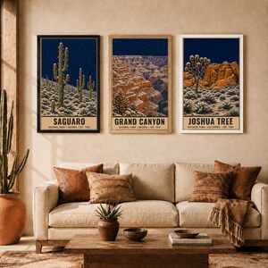 May include: Three vertical wall art prints featuring Saguaro, Grand Canyon, and Joshua Tree National Parks. Each print displays a night sky over desert landscapes with festive lights on cacti and trees. Text includes park names and locations.