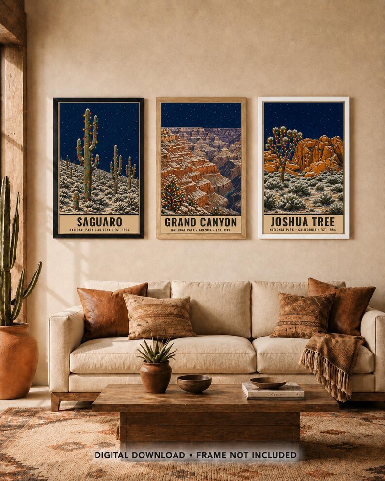 May include: Three vertical wall art prints featuring Saguaro, Grand Canyon, and Joshua Tree National Parks. Each print displays a night sky over desert landscapes with festive lights on cacti and trees. Text includes park names and locations.