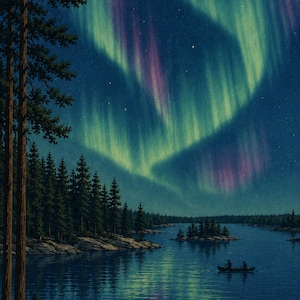 May include: A digital illustration of a dark blue lake at night with a small canoe carrying two figures. A dense forest of tall pine trees lines the rocky shore. Above, vibrant green and purple aurora borealis lights fill the starry night sky.