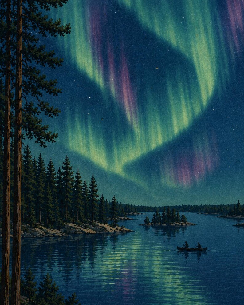 May include: A digital illustration of a dark blue lake at night with a small canoe carrying two figures. A dense forest of tall pine trees lines the rocky shore. Above, vibrant green and purple aurora borealis lights fill the starry night sky.