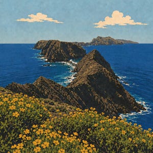 May include: A landscape illustration featuring a foreground of vibrant yellow wildflowers on a cliffside overlooking a deep blue ocean. Jagged dark brown rocky islands extend into the sea under a light blue sky with two small white clouds.