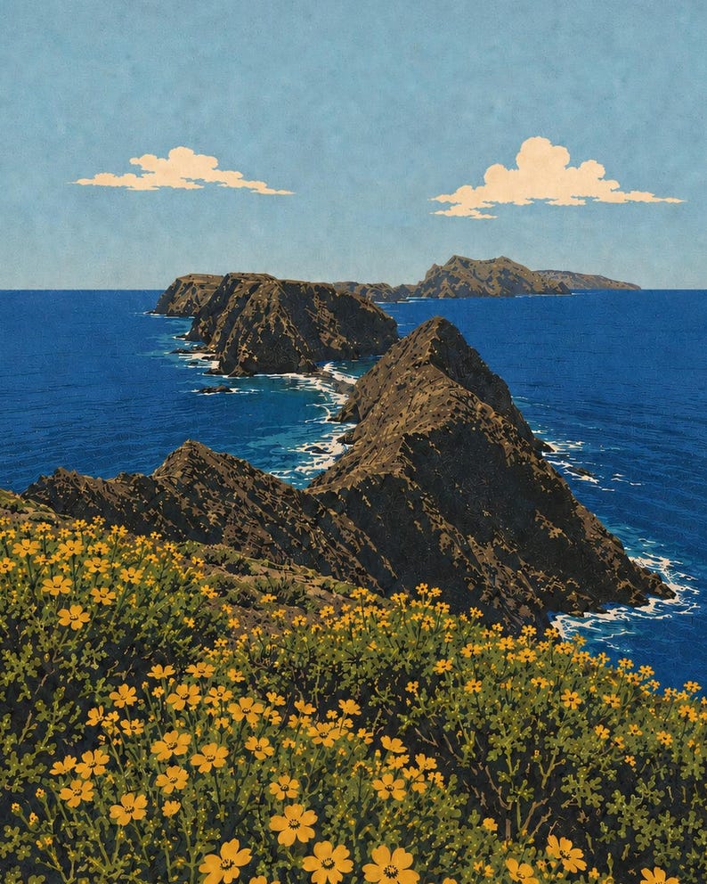 May include: A landscape illustration featuring a foreground of vibrant yellow wildflowers on a cliffside overlooking a deep blue ocean. Jagged dark brown rocky islands extend into the sea under a light blue sky with two small white clouds.
