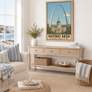 May include: A vertical wall art print featuring a stylized illustration of the Gateway Arch National Park in Missouri. The artwork displays the iconic arch and a domed building against a light blue sky, with the text GATEWAY ARCH printed below.