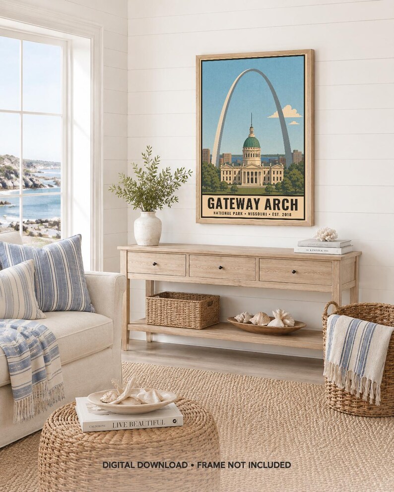 May include: A vertical wall art print featuring a stylized illustration of the Gateway Arch National Park in Missouri. The artwork displays the iconic arch and a domed building against a light blue sky, with the text GATEWAY ARCH printed below.