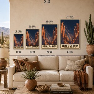 May include: Four vertical wall art prints of Bryce Canyon National Park at night, featuring orange rock formations under a starry sky. Sizes include 12x18, 16x24, 20x30, and 24x36 inches. The text reads Bryce Canyon National Park Utah Est 1928.