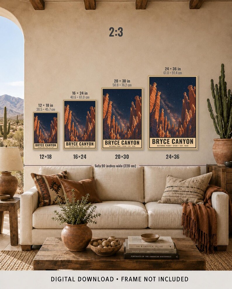 May include: Four vertical wall art prints of Bryce Canyon National Park at night, featuring orange rock formations under a starry sky. Sizes include 12x18, 16x24, 20x30, and 24x36 inches. The text reads Bryce Canyon National Park Utah Est 1928.
