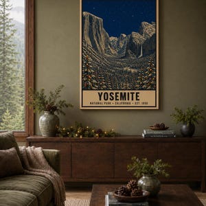 May include: A vertical rectangular wall art print featuring a nighttime landscape of Yosemite National Park with snow-capped mountains, a starry sky, and pine trees. The text reads YOSEMITE NATIONAL PARK CALIFORNIA EST. 1890 at the bottom.