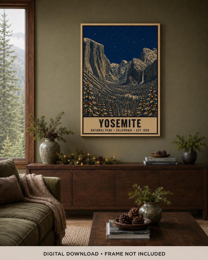 May include: A vertical rectangular wall art print featuring a nighttime landscape of Yosemite National Park with snow-capped mountains, a starry sky, and pine trees. The text reads YOSEMITE NATIONAL PARK CALIFORNIA EST. 1890 at the bottom.