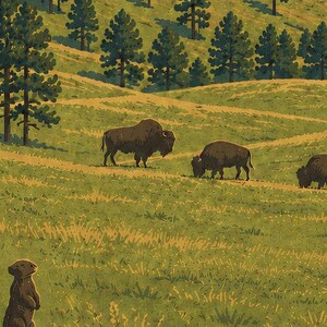 K&ouml;nnte beinhalten: Eine stilisierte Illustration einer Graslandschaft mit drei dunkelbraunen Bisons, die an einem Hang grasen. Im Vordergrund steht ein kleiner brauner Pr&auml;riehund aufrecht auf einem Erdh&uuml;gel. Der Hintergrund zeigt einen Wald aus gr&uuml;nen Kiefern.