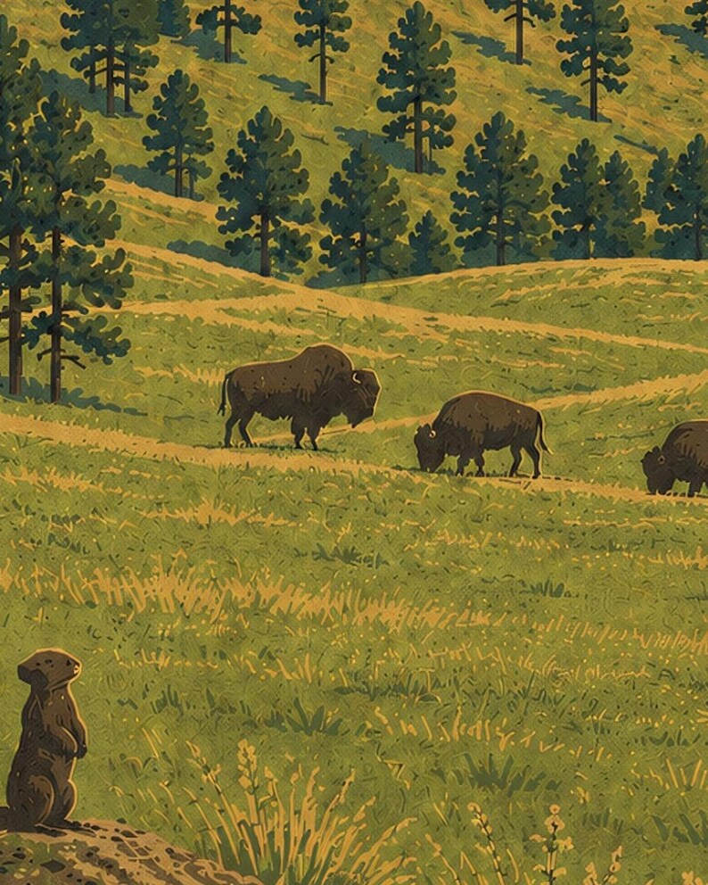 K&ouml;nnte beinhalten: Eine stilisierte Illustration einer Graslandschaft mit drei dunkelbraunen Bisons, die an einem Hang grasen. Im Vordergrund steht ein kleiner brauner Pr&auml;riehund aufrecht auf einem Erdh&uuml;gel. Der Hintergrund zeigt einen Wald aus gr&uuml;nen Kiefern.