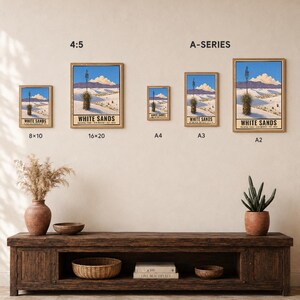 May include: Five framed posters of White Sands National Park in various sizes labeled 8x10, 16x20, A4, A3, and A2. The prints feature a desert landscape with white dunes, a tall yucca plant, and blue sky. Text reads: DIGITAL DOWNLOAD &bull; FRAME NOT INCLUDED.
