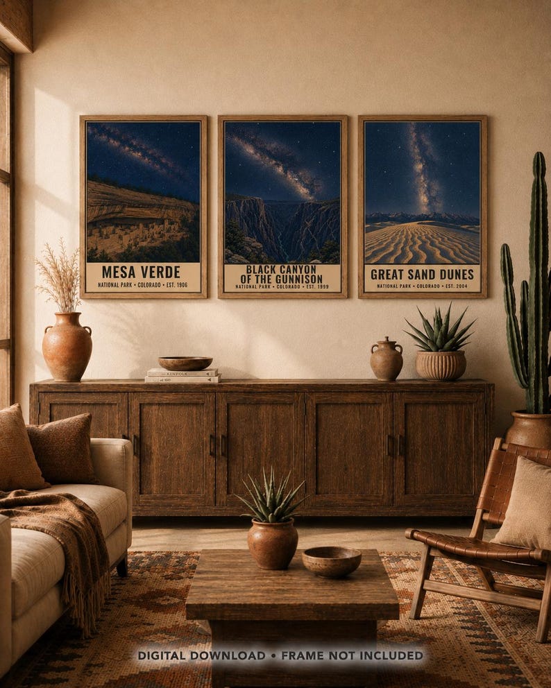 May include: A set of three vertical wall art prints featuring Mesa Verde, Black Canyon of the Gunnison, and Great Sand Dunes National Parks. Each print displays a night sky with a visible Milky Way over the landscape and text at the bottom.