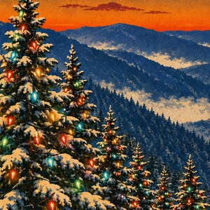 May include: A digital illustration of snow-covered evergreen trees decorated with glowing multicolored string lights. The trees are set against a backdrop of dark blue mountain ridges and a vibrant orange sunset sky with a few visible stars.
