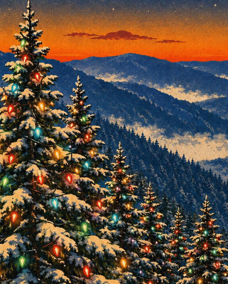 May include: A digital illustration of snow-covered evergreen trees decorated with glowing multicolored string lights. The trees are set against a backdrop of dark blue mountain ridges and a vibrant orange sunset sky with a few visible stars.