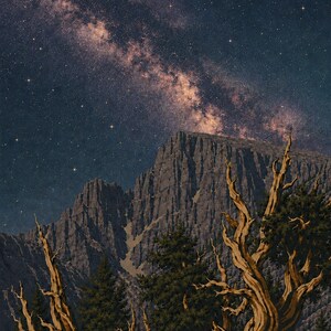 May include: A night landscape featuring a towering, jagged grey mountain peak under a vast, star-filled sky with a visible Milky Way galaxy. In the foreground, several gnarled, twisted, light brown trees with dark green needles stand against the mountain.