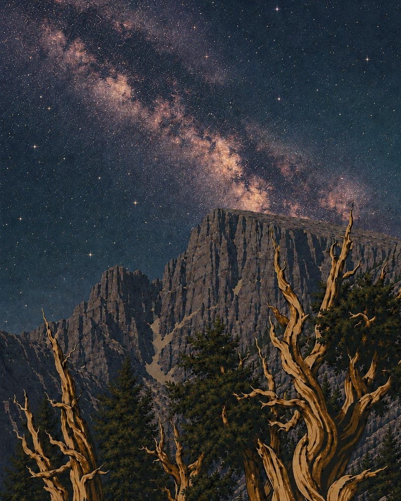 May include: A night landscape featuring a towering, jagged grey mountain peak under a vast, star-filled sky with a visible Milky Way galaxy. In the foreground, several gnarled, twisted, light brown trees with dark green needles stand against the mountain.