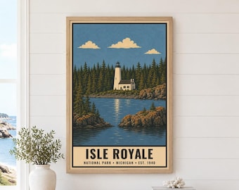 Isle Royale National Park Poster, Vintage Lake Superior Michigan Travel Print, Retro Island Wilderness Wall Art, WPA Style Printable