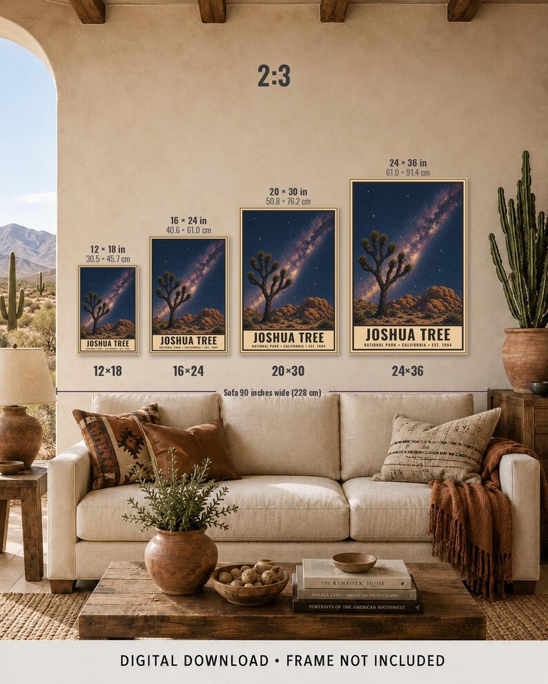May include: Four vertical wall art prints of Joshua Tree National Park featuring a starry night sky, a Joshua tree, and rock formations. Sizes labeled include 12x18, 16x24, 20x30, and 24x36 inches. The text reads JOSHUA TREE NATIONAL PARK CALIFORNIA EST 1994.