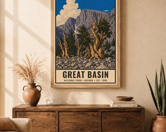 Plakat z Parku Narodowego Great Basin, wydruk podróżny z sosną długowieczną z Nevady, sztuka ścienna z krajobrazem jaskini w stylu retro, wydruk w stylu WPA z lat 60. XX wieku