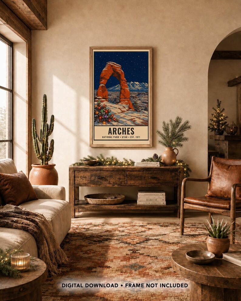 May include: A vertical rectangular wall art print featuring a stylized illustration of the red rock Delicate Arch in Arches National Park, Utah, under a starry night sky, with a decorated Christmas tree and the text ARCHES NATIONAL PARK UTAH EST. 1971.