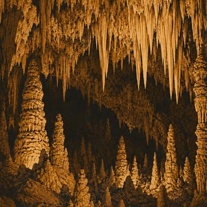 May include: A cavern interior illuminated in warm amber tones, featuring numerous tall, pointed stalagmites rising from the rocky floor and sharp, slender stalactites hanging from the ceiling, creating a dense, textured geological landscape.