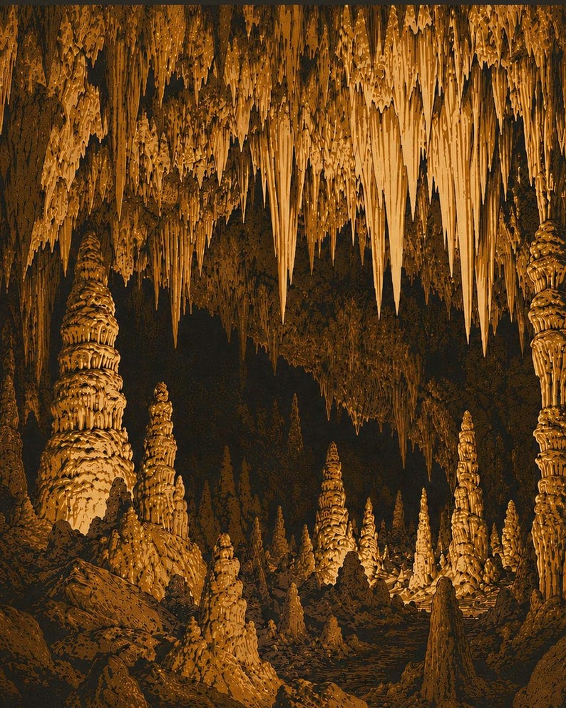 May include: A cavern interior illuminated in warm amber tones, featuring numerous tall, pointed stalagmites rising from the rocky floor and sharp, slender stalactites hanging from the ceiling, creating a dense, textured geological landscape.