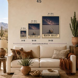 May include: Three framed wall art prints of Death Valley National Park displayed in sizes 20.3 x 25.4 cm, 40.6 x 50.8 cm, and 61.0 x 76.2 cm. Each print features a desert landscape with a rock on a dry lake bed under a starry night sky and text.