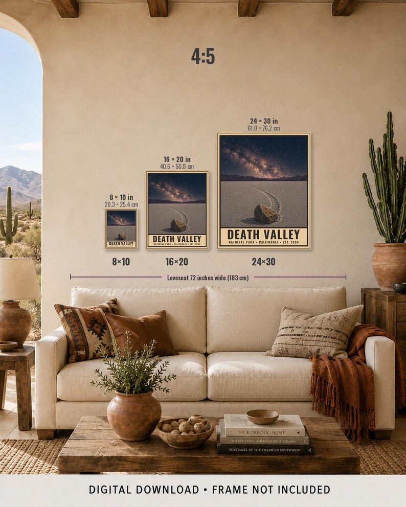 May include: Three framed wall art prints of Death Valley National Park displayed in sizes 20.3 x 25.4 cm, 40.6 x 50.8 cm, and 61.0 x 76.2 cm. Each print features a desert landscape with a rock on a dry lake bed under a starry night sky and text.