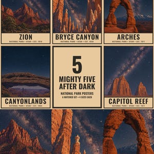 Utah Mighty Five Night Sky-posterset, 5 tryck med Vintergatans nationalpark, väggkonst med stjärnskådning (digital nedladdning) bild 1