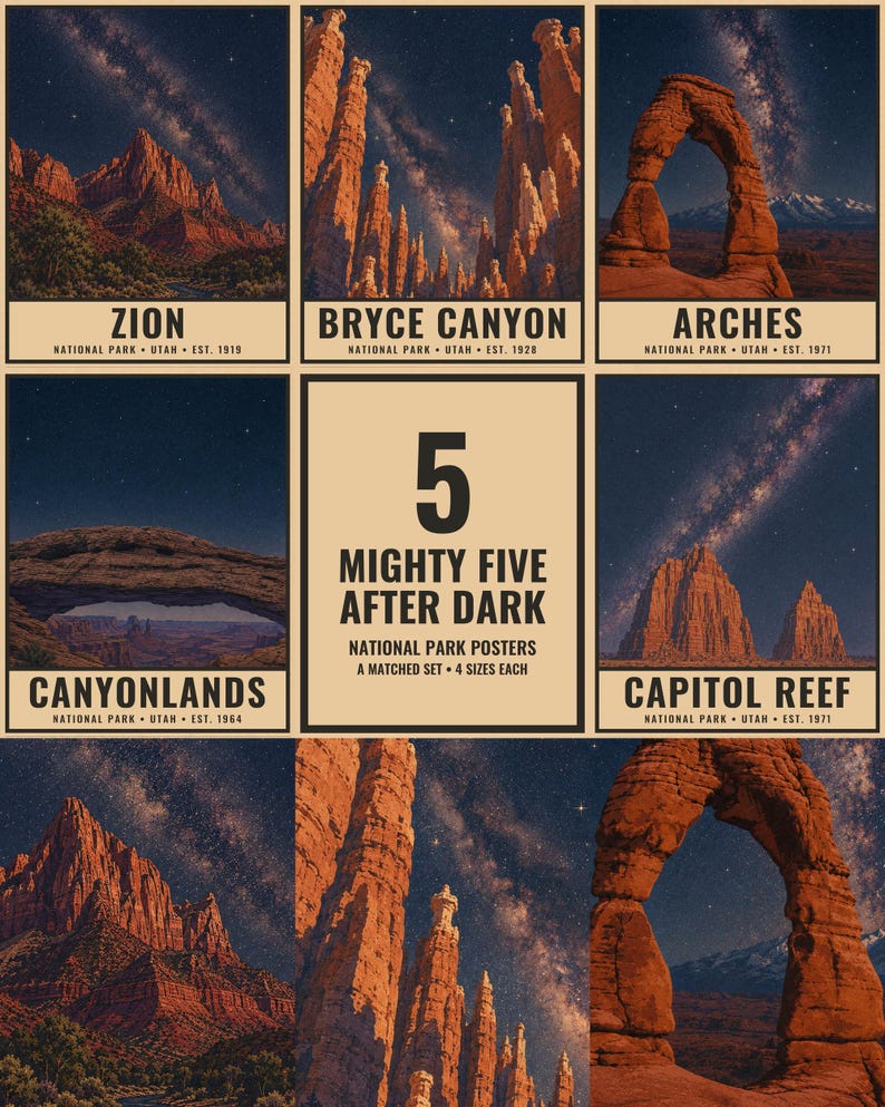 Utah Mighty Five Night Sky-posterset, 5 tryck med Vintergatans nationalpark, väggkonst med stjärnskådning (digital nedladdning) bild 1