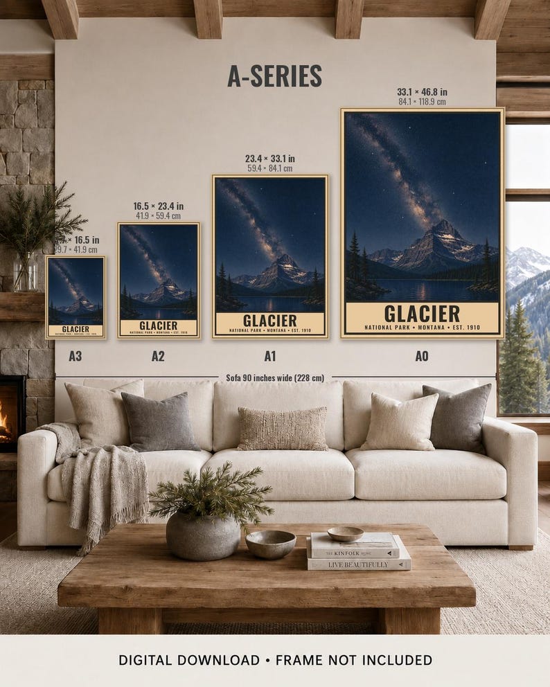 May include: Four framed posters labeled A3, A2, A1, and A0 showing Glacier National Park at night with the Milky Way, mountains, and a lake. Sizes range from 11.7 x 16.5 inches to 33.1 x 46.8 inches. Text includes GLACIER NATIONAL PARK MONTANA EST. 1910.