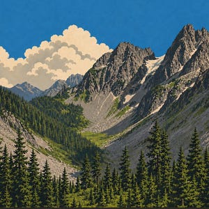 Op de afbeelding: Een poster met een berglandschap met grillige, rotsachtige toppen, sneeuwplekken en een dicht bos van groene dennenbomen op de voorgrond. Een grote, pluizige witte wolk staat tegen een helderblauwe lucht. De tekst NORTH CASCADES is zichtbaar.