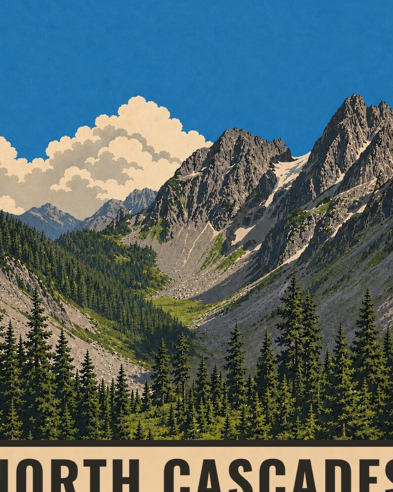 Op de afbeelding: Een poster met een berglandschap met grillige, rotsachtige toppen, sneeuwplekken en een dicht bos van groene dennenbomen op de voorgrond. Een grote, pluizige witte wolk staat tegen een helderblauwe lucht. De tekst NORTH CASCADES is zichtbaar.