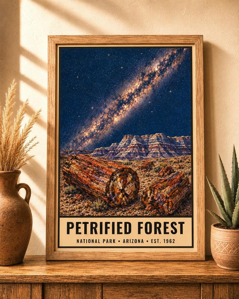 May include: A framed vertical poster featuring a night sky with a visible Milky Way galaxy over a landscape of petrified wood logs and layered rock formations. The text at the bottom reads PETRIFIED FOREST NATIONAL PARK ARIZONA EST. 1962.