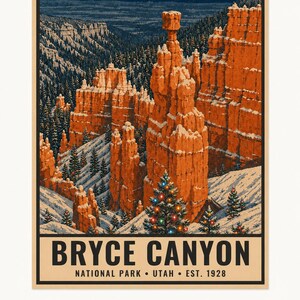May include: A vertical poster print featuring a winter landscape of Bryce Canyon with orange rock hoodoos covered in snow, dark green pine trees, and a decorated Christmas tree with colorful lights. Text reads: BRYCE CANYON NATIONAL PARK &bull; UTAH &bull; EST. 1928.