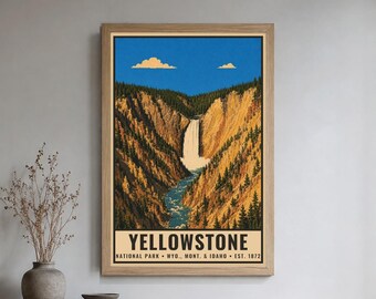 Yellowstone National Park Poster, Old Faithful Geyser Vintage Travel Print, Retro Wyoming Landscape Wall Art, WPA Style Printable Decor