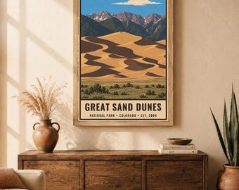 Poster del Great Sand Dunes National Park, stampa vintage di viaggio sulle montagne del deserto del Colorado, arte murale paesaggistica retrò, decorazione stampabile in stile WPA