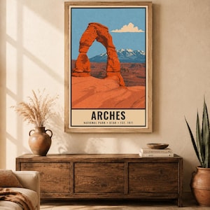 Arches National Park Poster, Delicate Arch Utah Vintage Travel Print, Retro Desert Landscape Wall Art, 1960s WPA Style Printable Decor image 1