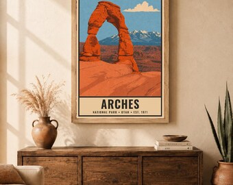 Plakat z Parku Narodowego Arches, delikatny wydruk podróżniczy z Utah w stylu vintage, sztuka ścienna z krajobrazem pustyni w stylu retro, dekoracja do druku w stylu WPA z lat 60. XX wieku