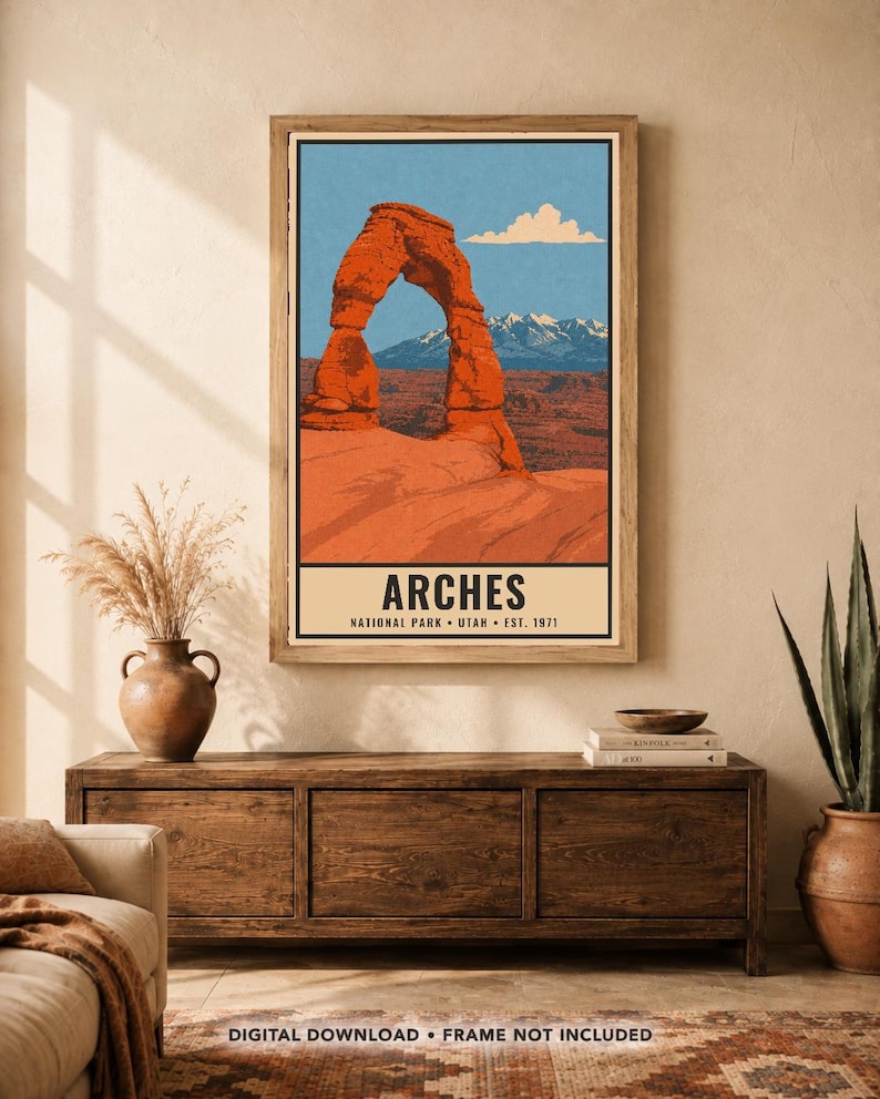 Arches National Park Poster, Delicate Arch Utah Vintage Travel Print, Retro Desert Landscape Wall Art, 1960s WPA Style Printable Decor image 1