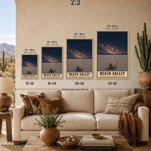 May include: Four vertical wall art prints of Death Valley National Park, California, featuring a desert landscape with a sailing stone and a starry night sky. Sizes include 30.5x45.7cm, 40.6x61.0cm, 50.8x76.2cm, and 61.0x91.4cm. Text reads: DEATH VALLEY NATIONAL PARK CALIFORNIA EST 1994.