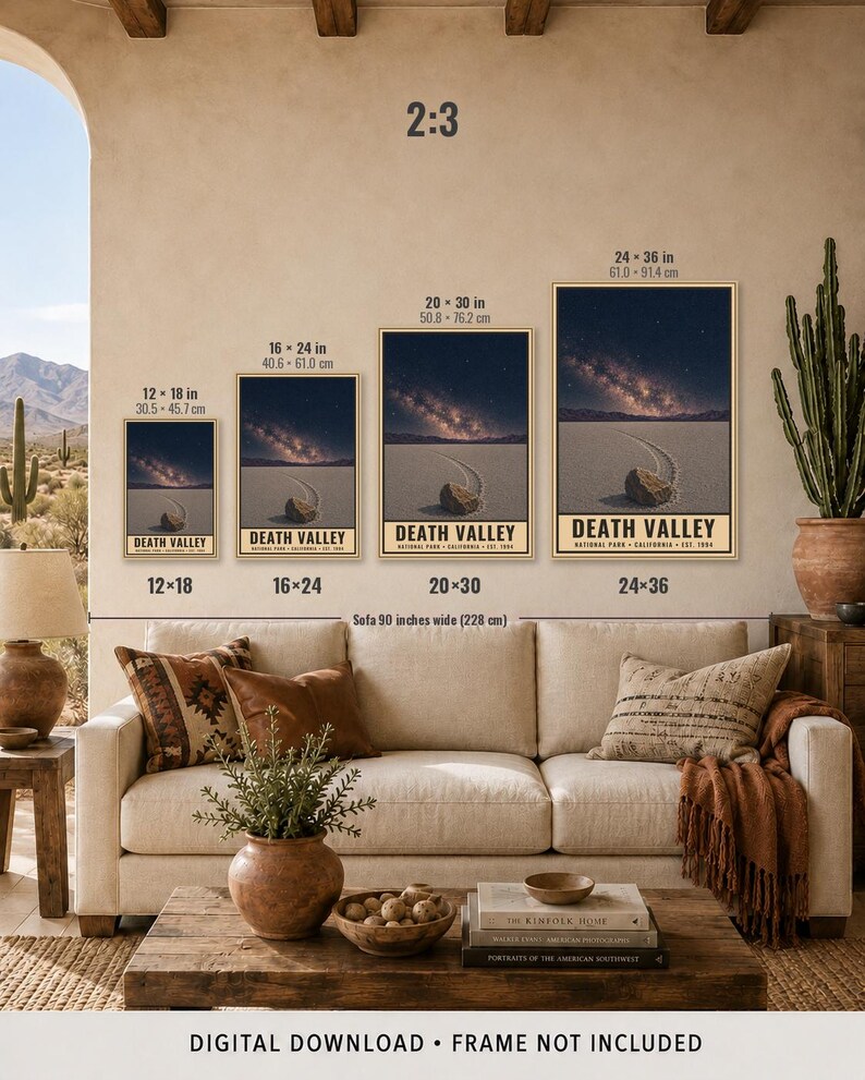 May include: Four vertical wall art prints of Death Valley National Park, California, featuring a desert landscape with a sailing stone and a starry night sky. Sizes include 30.5x45.7cm, 40.6x61.0cm, 50.8x76.2cm, and 61.0x91.4cm. Text reads: DEATH VALLEY NATIONAL PARK CALIFORNIA EST 1994.